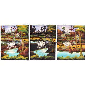 Asian Batik Art Panels lot of 3 Village Scene Ox-Drawn Cart Java Indonesia AS IS